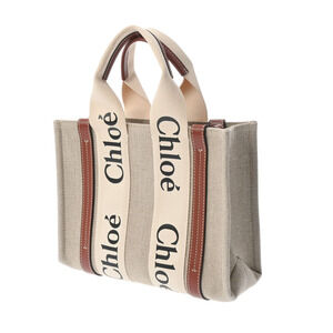 Chloe Bag Handbag Woody White Beige Canvas Tote Leather